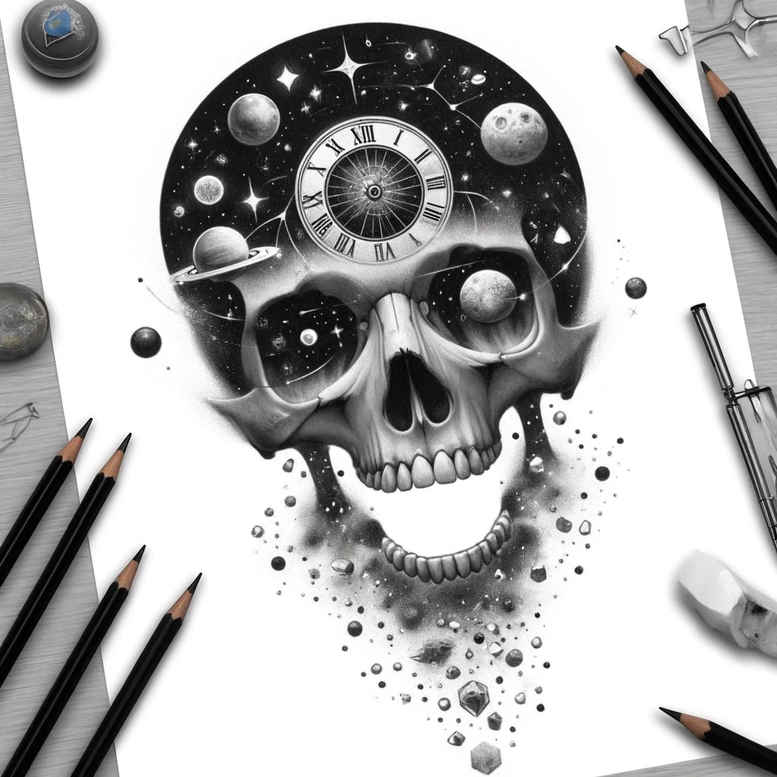 Skull, gears, stars, and pencils; black and grey tattoo project; not ideal for cover-up.