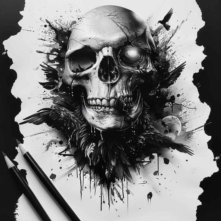 Dark skull portrait in black and grey ink with splatter and pencil visible; cover-up tattoo project.