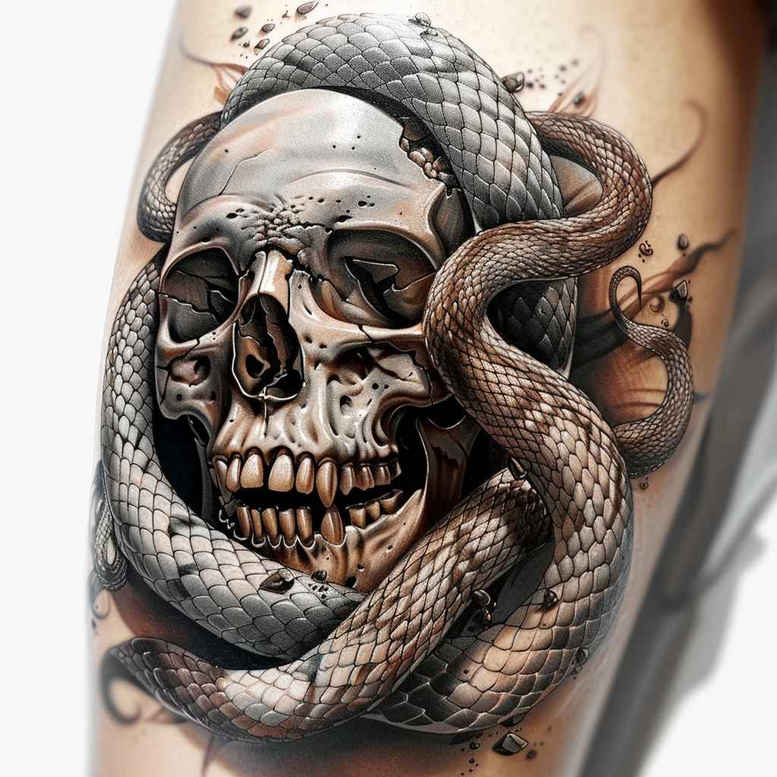 Skull and snake in black and grey, cover-up ready tattoo design concept for a bold project.