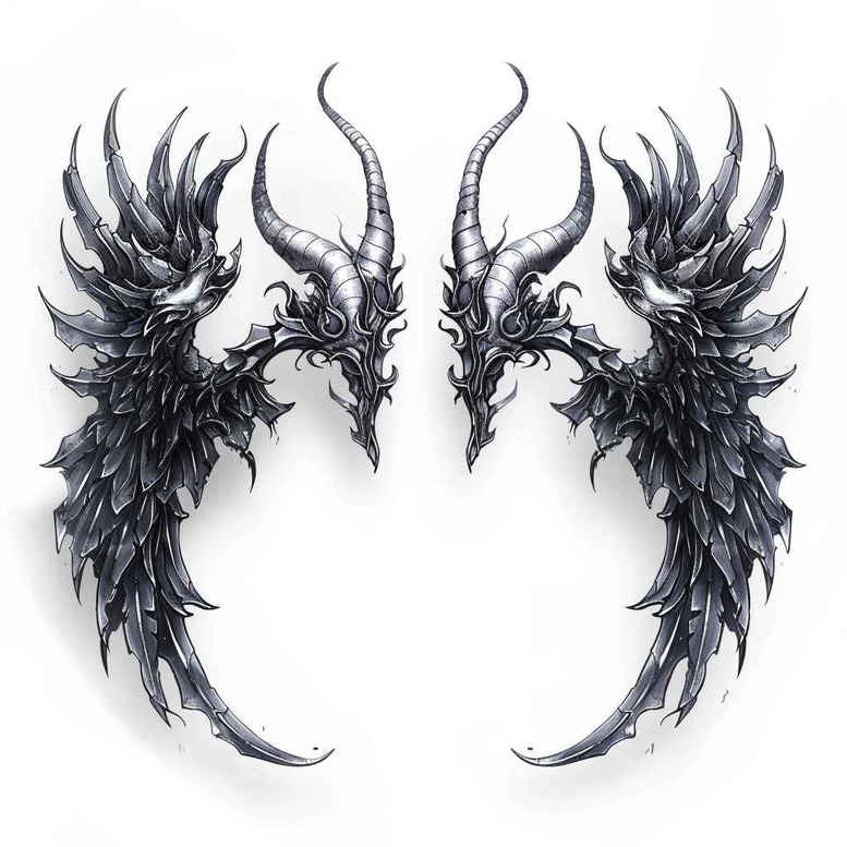Wing in black and grey, mirrored spiked wings; tattoo project idea suitable for a cover-up.