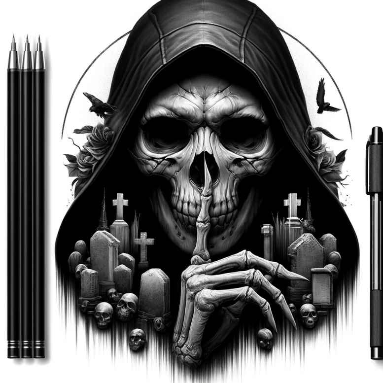 Skeleton in a hood, shushing with a finger; candles, crosses, circle motif, and bats surrounding a black and grey cover-up tattoo project.