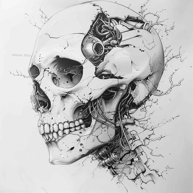 Skull with gear and cog in black and grey, a tattoo design idea; project for cover-up.