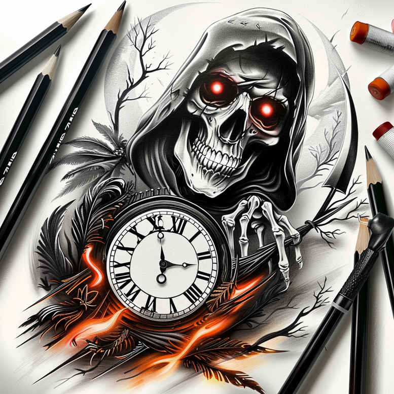 Grim reaper, skull, clock, flames, hood, and pencils in black and grey; tattoo design concept, cover-up project.