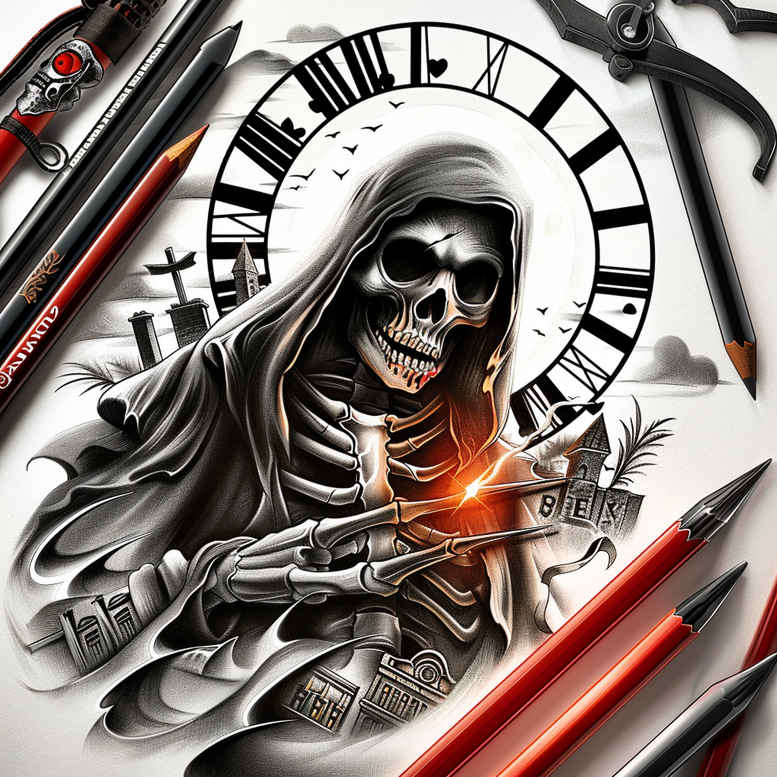 Skull, hooded figure, clock, flame, pencil, and plant in black and grey; tattoo design idea for cover-up (AI-generated project).