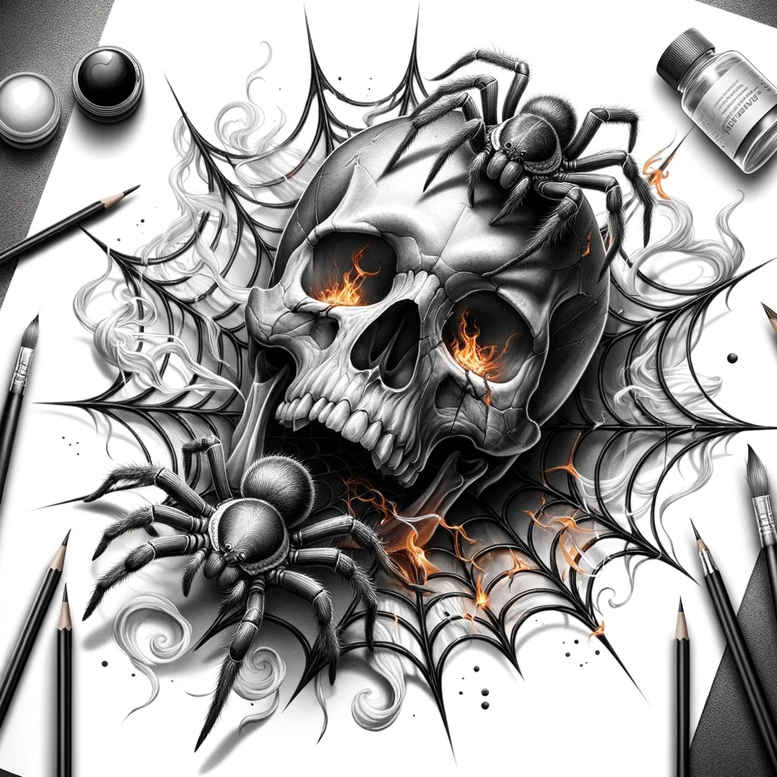 Skull with cobwebs, ink bottle, and tattoo tool visible in black and grey; cover-up-friendly tattoo design idea.