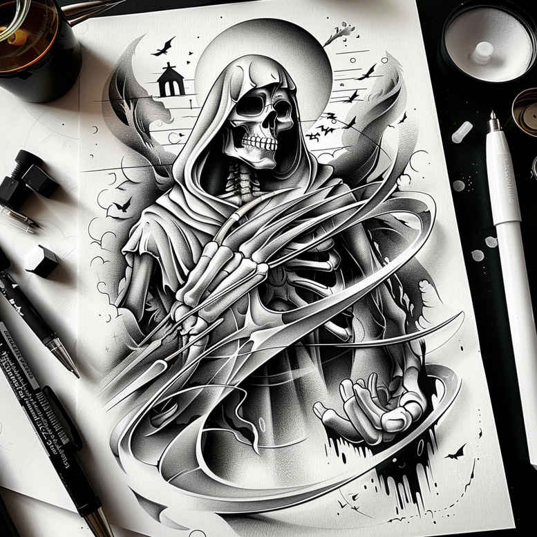 Black and grey tattoo design featuring a hooded skeleton in a cloak; AI-generated tattoo project concept, ideal for a cover-up.