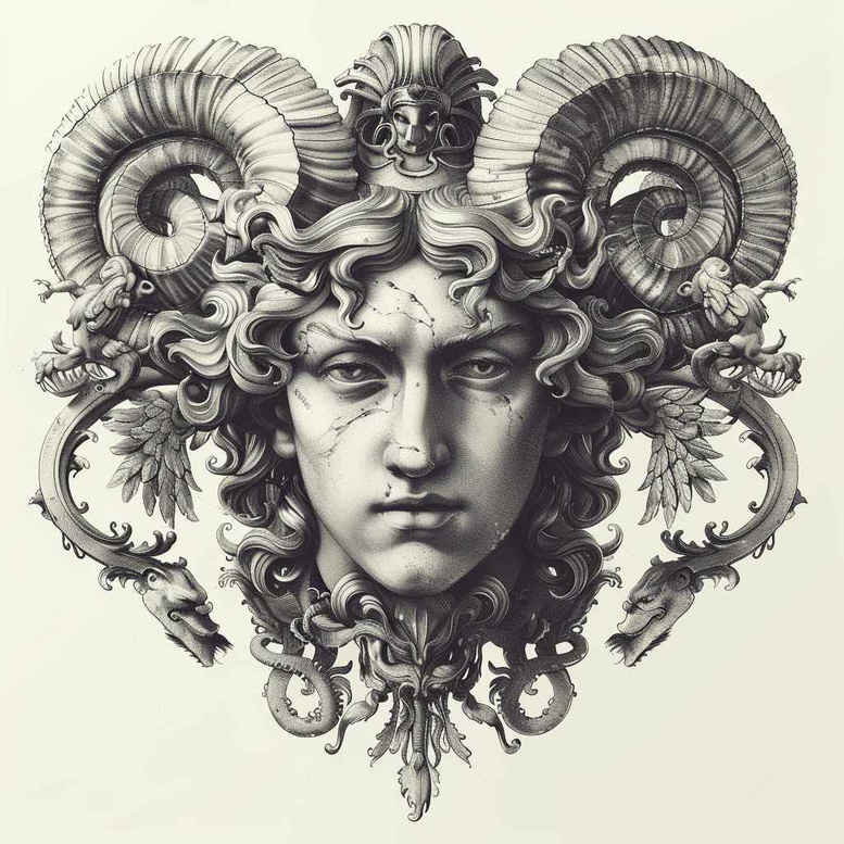 Medusa head with horned snakes, vine and leaf motifs in black and grey; pattern-rich tattoo design project idea, suitable for cover-up.