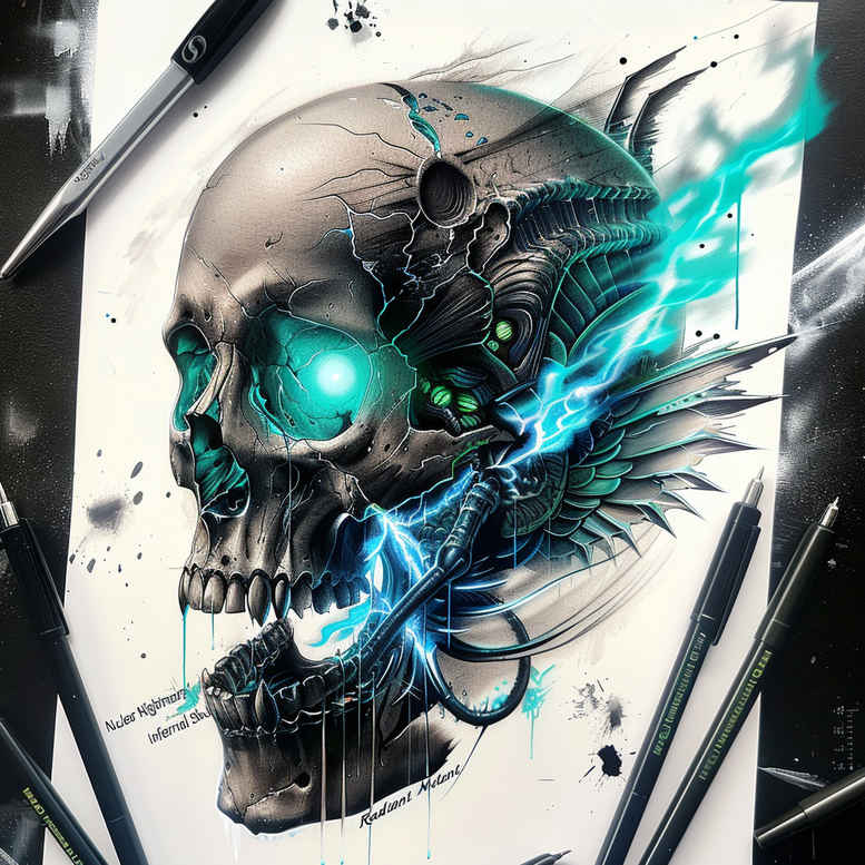 Skull with teal eye and wing motif in black and grey with teal accents; AI-generated tattoo project, cover-up-ready.