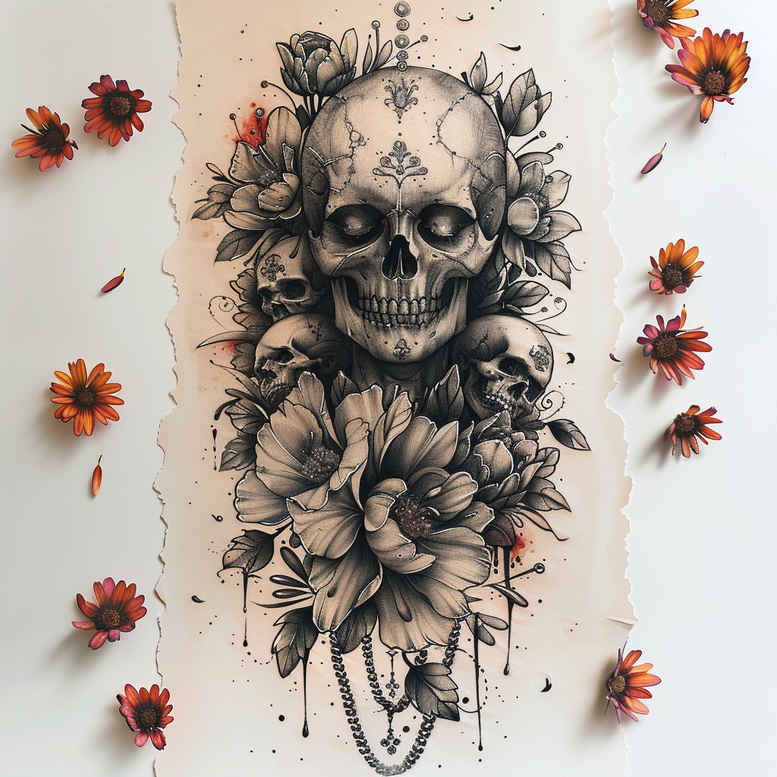 Skull with ornate black and grey flowers, leaves, and a bead necklace; a tattoo design concept, project idea suitable for cover-up.