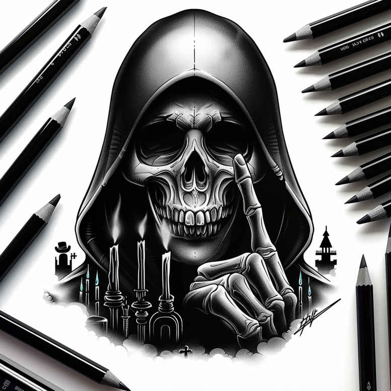 Skull with hood, candle, and pencil in black and grey; tattoo design project; AI-generated, cover-up ready.