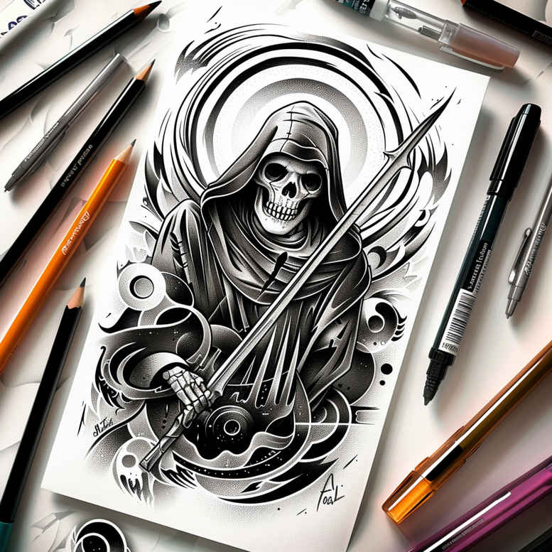 Dark grayscale grim reaper tattoo design sketch with scythe and skull on paper, pencils around; cover-up-ready project in black and grey.
