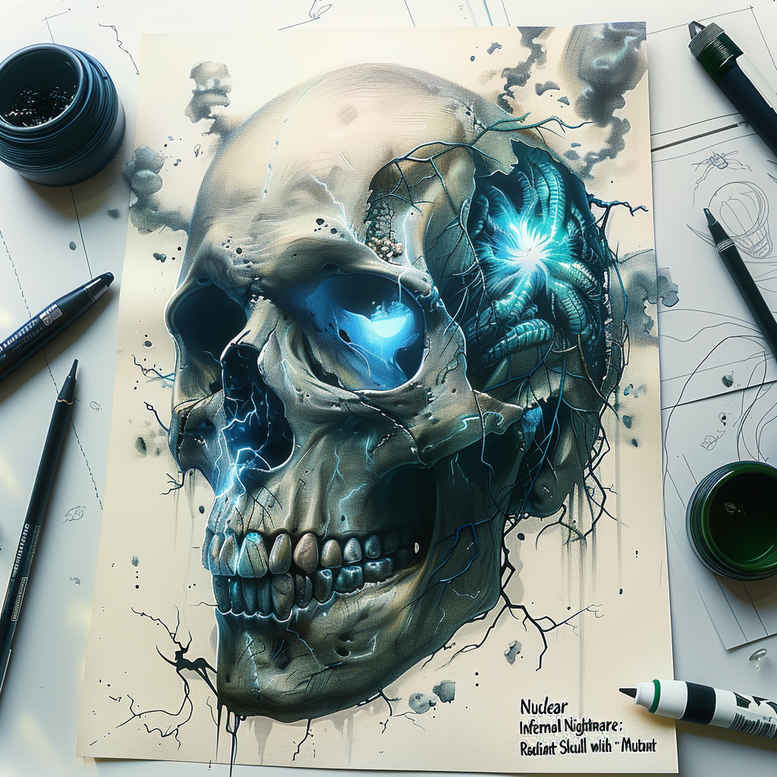 Skull with blue neon highlights on sheet, surrounded by ink bottle, brush, pen, and paper; black and grey tattoo design concept; AI-generated tattoo project; suitable for cover-up.