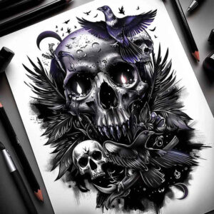 transformation-motif-skull-tattoo – tattoo design ideas free ai generated – midnight – for-upper-thigh – Gallery: skulls-inkby-ai