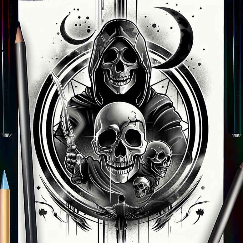 wave-skull-tattoo – tattoo design ideas free ai generated – claw-marks – for-upper-thigh – Gallery: skulls-inkby-ai