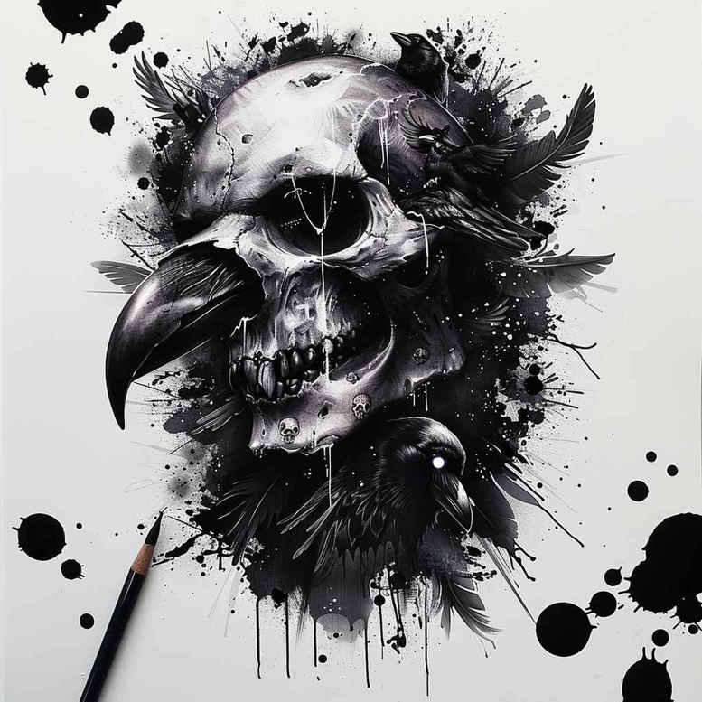 wave-skull-tattoo – tattoo design ideas free ai generated – distorted – for-chest – Gallery: skulls-inkby-ai