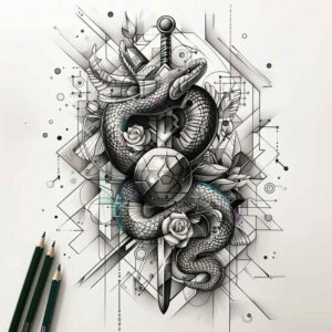 abstract-snake-tattoo – tattoo design ideas free ai generated – pure-design – for-upper-thigh – Gallery: snakes-inkby-ai
