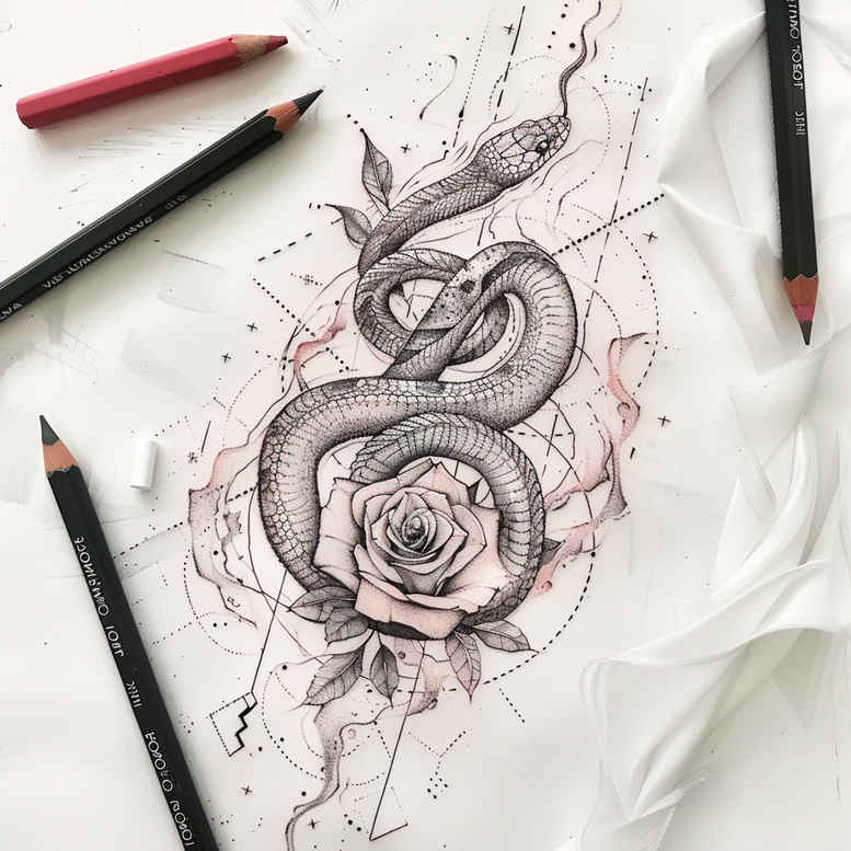 geometric-detail-snake-tattoo – tattoo design ideas free ai generated – discreet-ink – for-hand – Gallery: snakes-inkby-ai