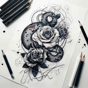 geometric-detail-snake-tattoo – tattoo design ideas free ai generated – lightweight – for-full-back – Gallery: snakes-inkby-ai