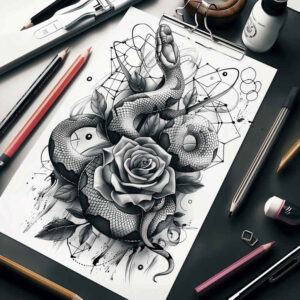 mystery-motif-snake-tattoo – tattoo design ideas free ai generated – pinprick – for-lower-back – Gallery: snakes-inkby-ai