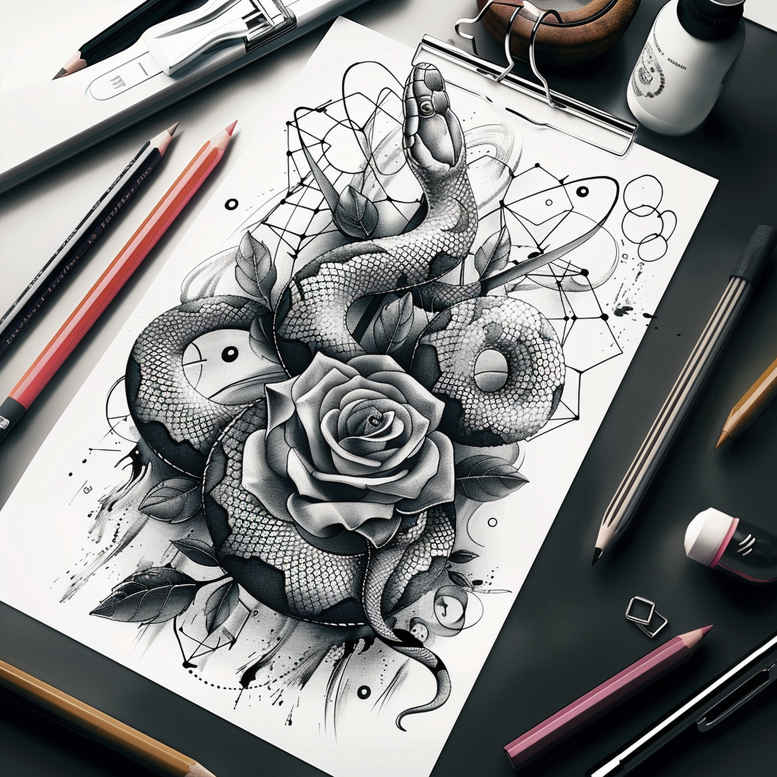 mystery-motif-snake-tattoo – tattoo design ideas free ai generated – pinprick – for-lower-back – Gallery: snakes-inkby-ai
