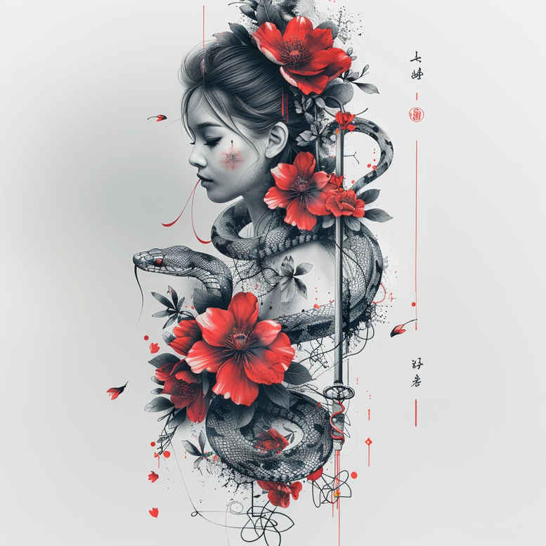 nature-motif-snake-tattoo – tattoo design ideas free ai generated – single-line – for-back – Gallery: snakes-inkby-ai