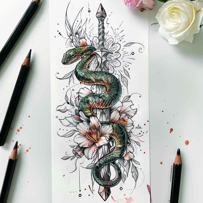 plant-ornament-snake-tattoo – tattoo design ideas free ai generated – gentle-angle – for-elbow – Gallery: snakes-inkby-ai