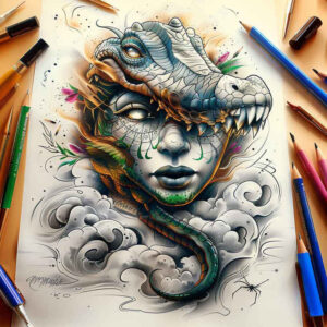 wavy-line-sobek-tattoo-haunted-for-biceps – tattoo design ideas free ai generated – Gallery: sobek-inkby-ai
