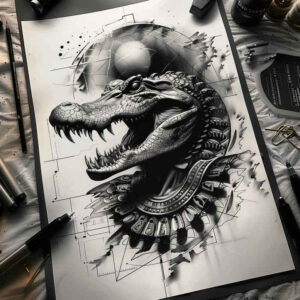 spiritual-symbolism-sobek-tattoo-distorted-for-thigh – tattoo design ideas free ai generated – Gallery: sobek-inkby-ai