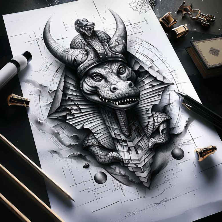 sobek tattoo design ideas refined lines mythic beast for upper chest