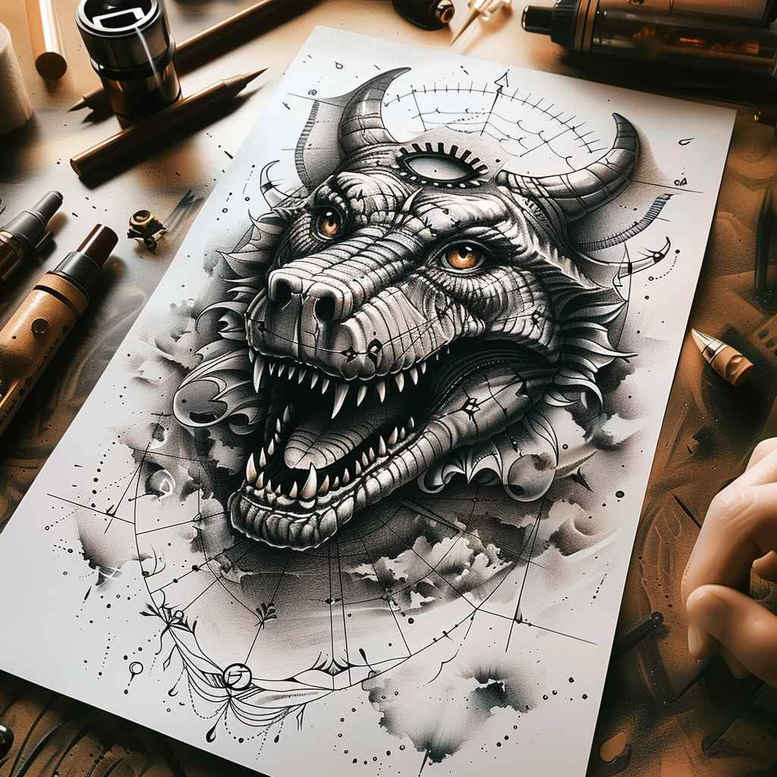 sobek tattoo design ideas Surrealism melting forms sacred Nile for temple