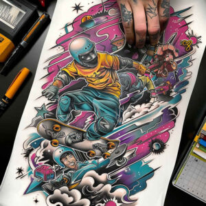 running – tattoo design ideas free ai generated – neotraditional-expressive-color – for-collarbone – Gallery: sport-inkby-ai