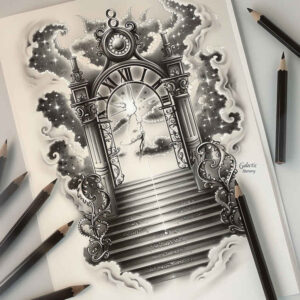 artistic-detail-stairs-tattoo – tattoo design ideas free ai generated – neotraditional-bold-highlights – for-shoulder – Gallery: stairs-inkby-ai