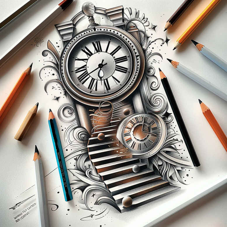 artistic-detail-stairs-tattoo – tattoo design ideas free ai generated – surrealism-displaced-objects – for-lower-leg – Gallery: stairs-inkby-ai