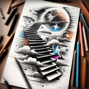 color-stairs-tattoo – tattoo design ideas free ai generated – neotraditional-solid-blacks – for-side – Gallery: stairs-inkby-ai