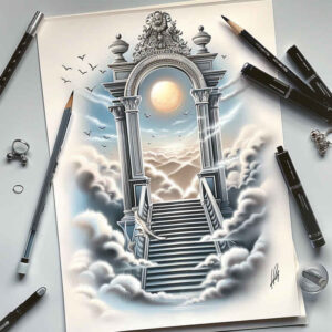 dot-stairs-tattoo – tattoo design ideas free ai generated – neotraditional-clear-lines – for-back – Gallery: stairs-inkby-ai
