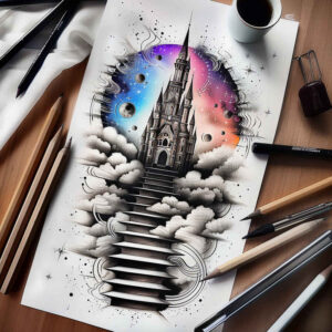energy-motif-stairs-tattoo – tattoo design ideas free ai generated – realism-light-and-shadow-play – for-collarbone – Gallery: stairs-inkby-ai