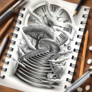 expressive-stairs-tattoo – tattoo design ideas free ai generated – neotraditional-layered-shading – for-behind-ear – Gallery: stairs-inkby-ai