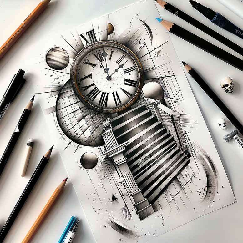flowing-lines-stairs-tattoo – tattoo design ideas free ai generated – neotraditional-layered-fill – for-shin – Gallery: stairs-inkby-ai