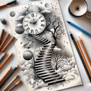 geometric-detail-stairs-tattoo – tattoo design ideas free ai generated – surrealism-hyperreal – for-thigh – Gallery: stairs-inkby-ai