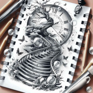 life-and-transformation-symbol-stairs-tattoo – tattoo design ideas free ai generated – neotraditional-layered-fill – for-spine – Gallery: stairs-inkby-ai