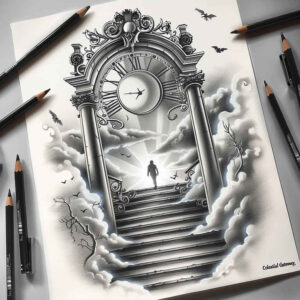 life-and-transformation-symbol-stairs-tattoo – tattoo design ideas free ai generated – surrealism-juxtaposition – for-upper-thigh – Gallery: stairs-inkby-ai