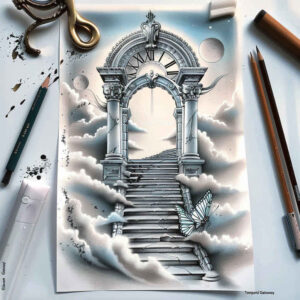 life-motif-stairs-tattoo – tattoo design ideas free ai generated – neotraditional-dynamic-color – for-lower-thigh – Gallery: stairs-inkby-ai