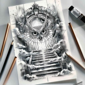 life-motif-stairs-tattoo – tattoo design ideas free ai generated – surrealism-visionary – for-back – Gallery: stairs-inkby-ai
