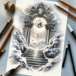 line-stairs-tattoo – tattoo design ideas free ai generated – surrealism-hallucinogenic – for-spine – Gallery: stairs-inkby-ai