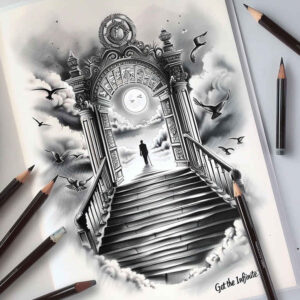 motion-stairs-tattoo – tattoo design ideas free ai generated – neotraditional-artful-color – for-thigh – Gallery: stairs-inkby-ai
