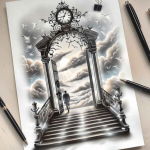 mystical-symbol-stairs-tattoo – tattoo design ideas free ai generated – surrealism-spectral-hues – for-knee – Gallery: stairs-inkby-ai