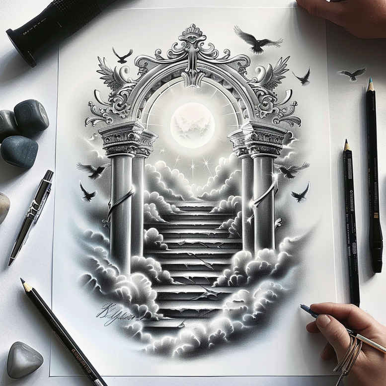 organic-line-stairs-tattoo – tattoo design ideas free ai generated – neotraditional-artistic-shading – for-wrist – Gallery: stairs-inkby-ai