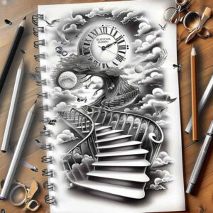 ornamental-detail-stairs-tattoo – tattoo design ideas free ai generated – surrealism-ghostly-shapes – for-inner-arm – Gallery: stairs-inkby-ai