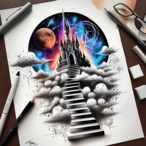 ornamental-stairs-tattoo – tattoo design ideas free ai generated – neotraditional-balanced-tones – for-knee – Gallery: stairs-inkby-ai