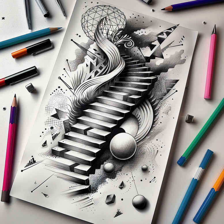 ornamental-stairs-tattoo – tattoo design ideas free ai generated – neotraditional-color-richness – for-lower-chest – Gallery: stairs-inkby-ai